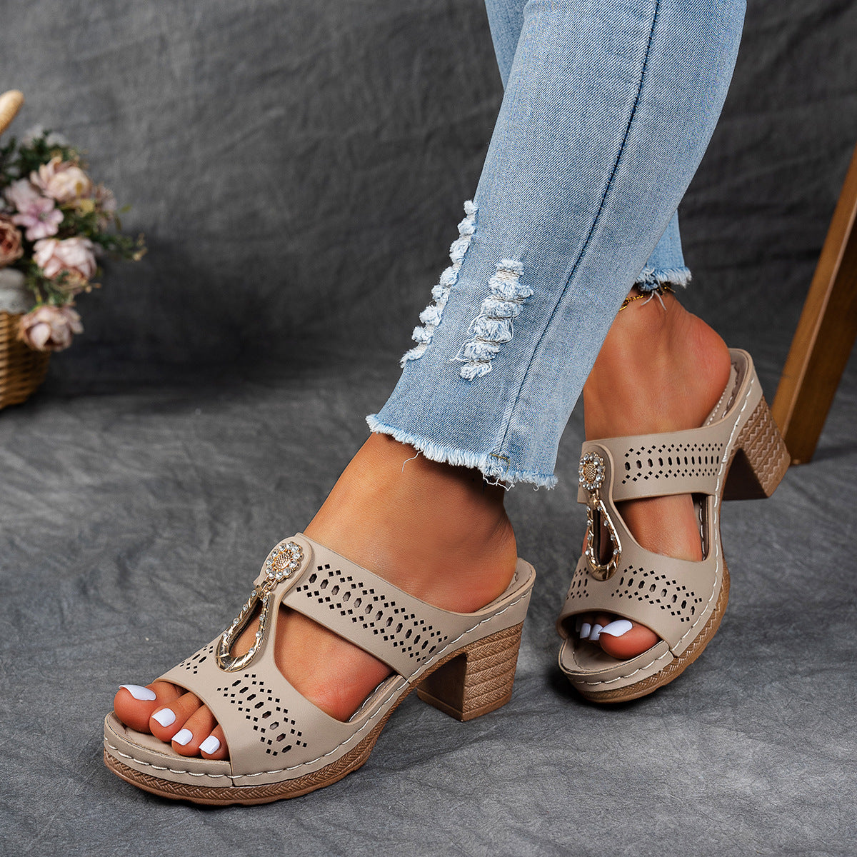 Women's Hazel | Cutout Block-Heel Embellished Slide Sandals