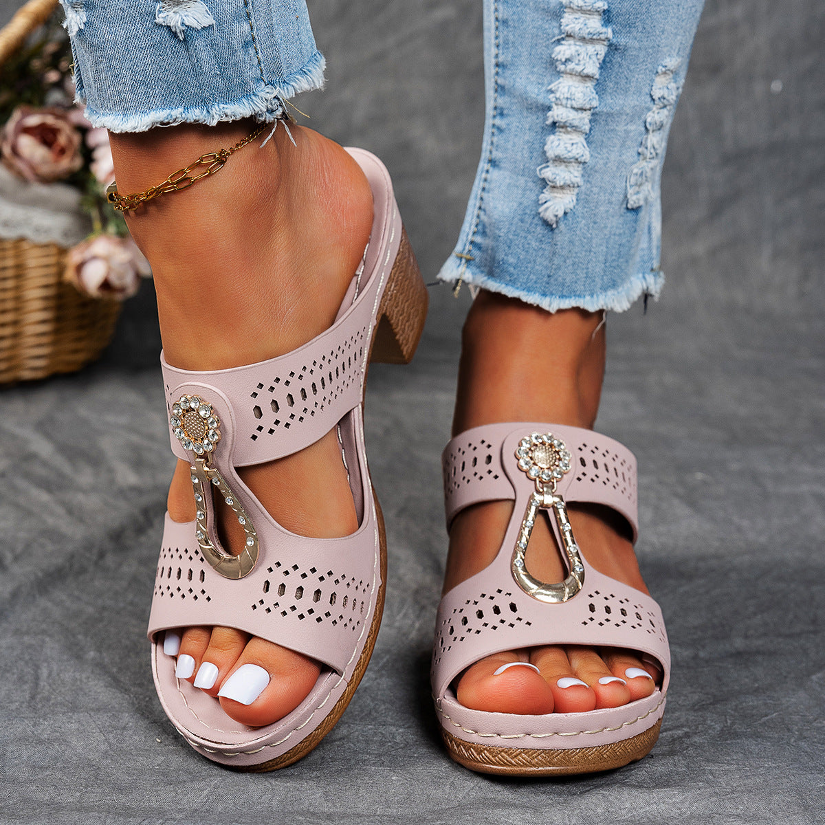 Women's Hazel | Cutout Block-Heel Embellished Slide Sandals