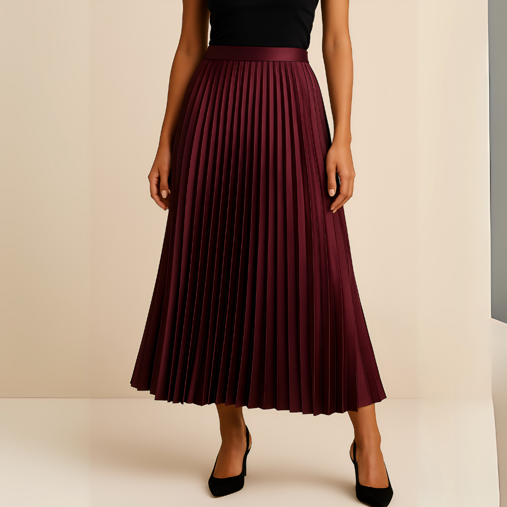 Women's High-Waist Pleated Satin Midi Skirt