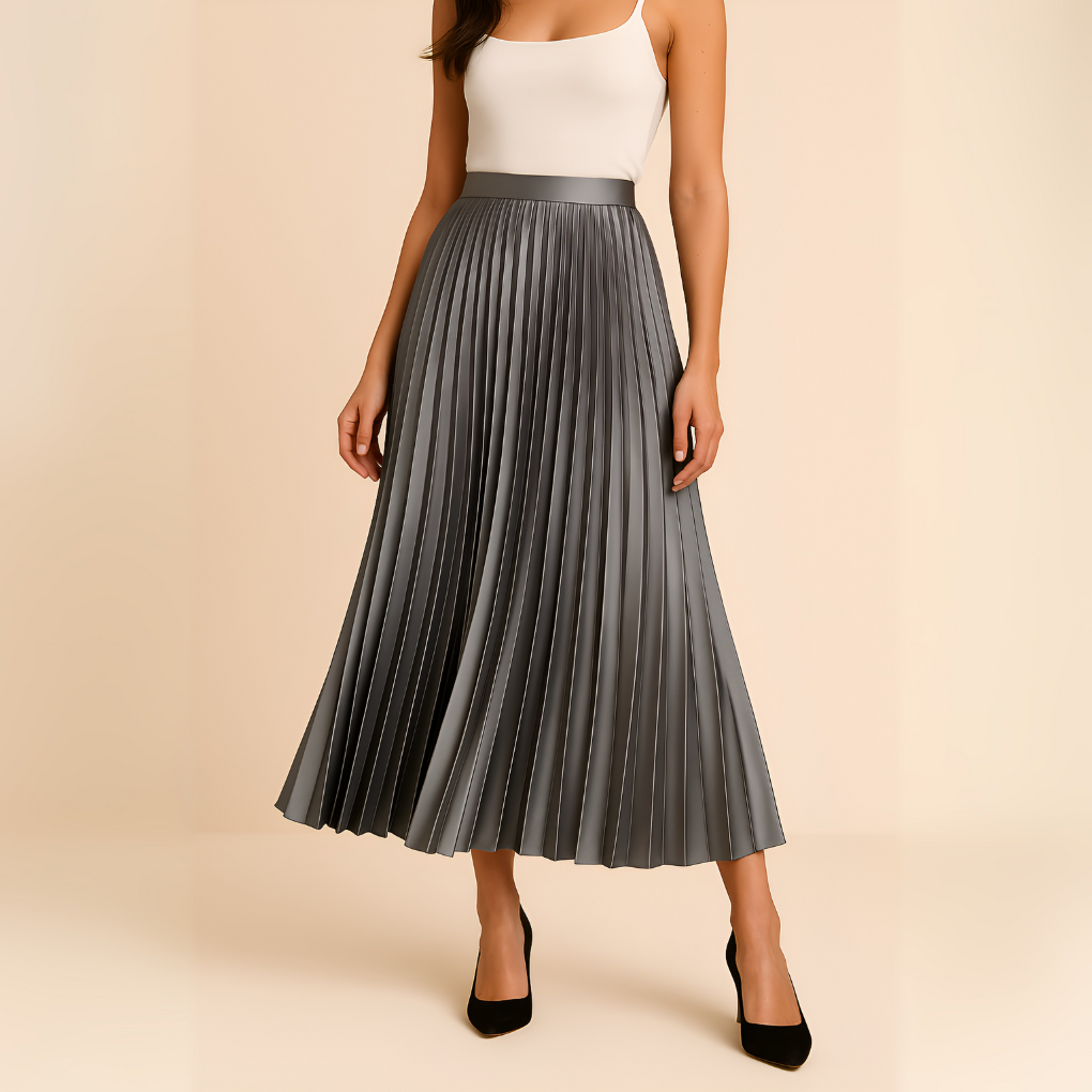 Women's High-Waist Pleated Satin Midi Skirt