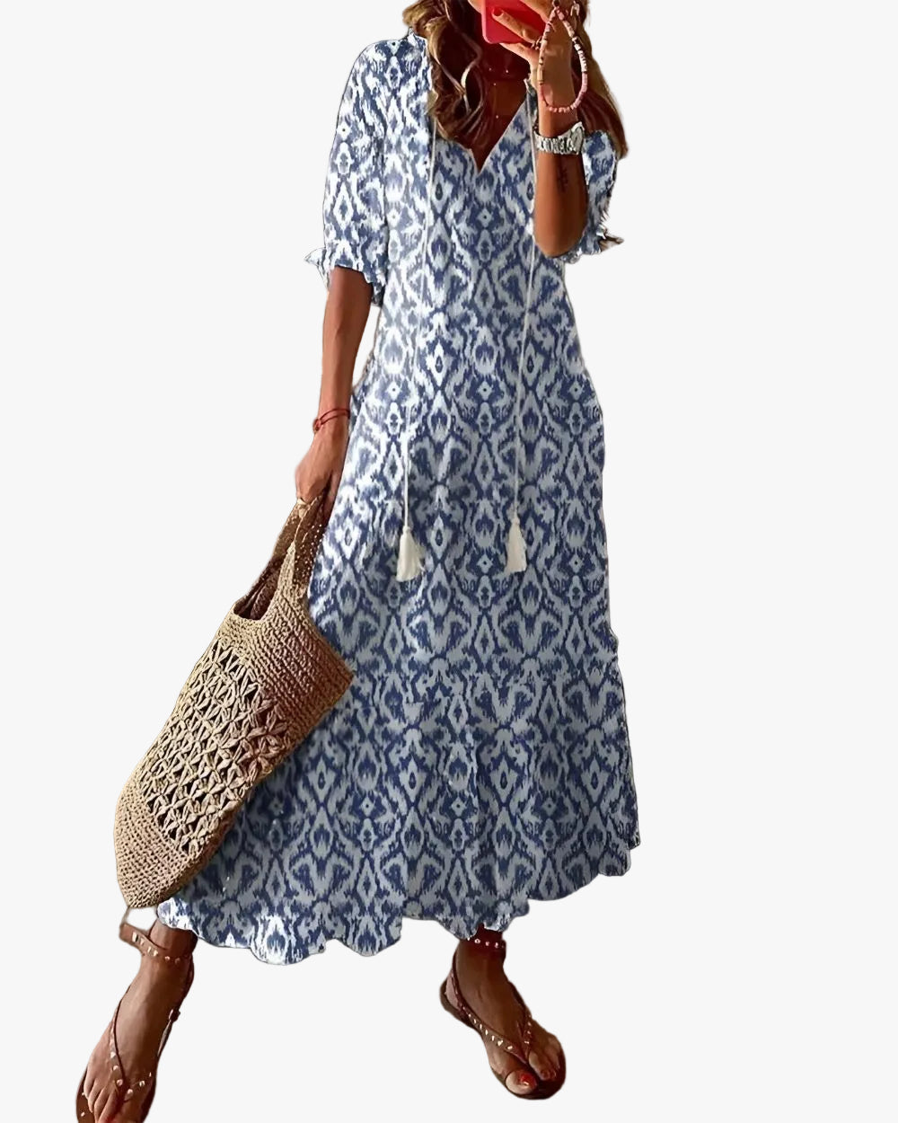 Women's Ikat-Print V-Neck Tassel-Tie Ruffle-Hem Maxi Dress