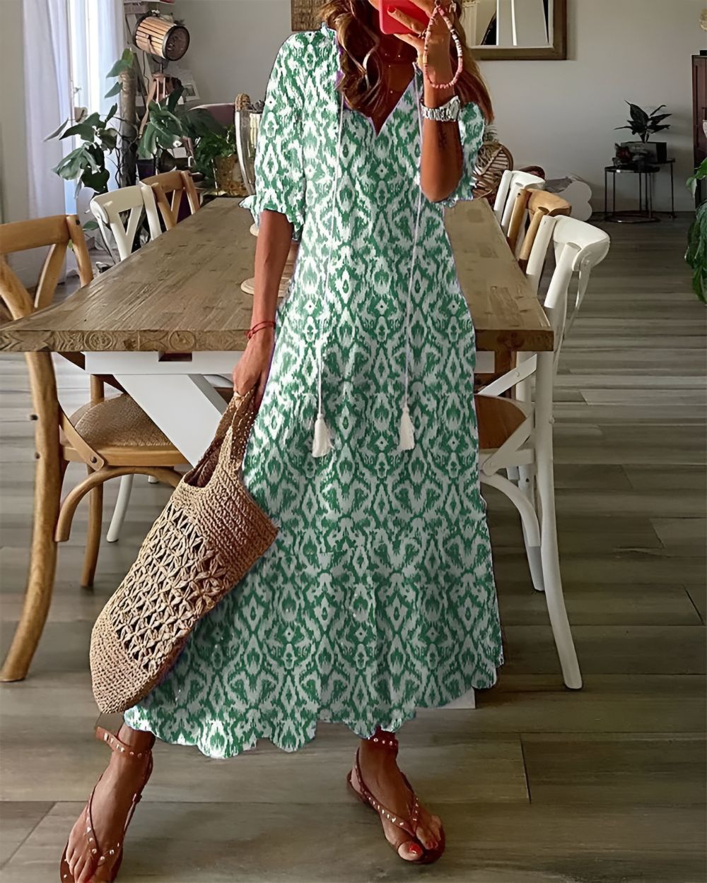 Women's Ikat-Print V-Neck Tassel-Tie Ruffle-Hem Maxi Dress