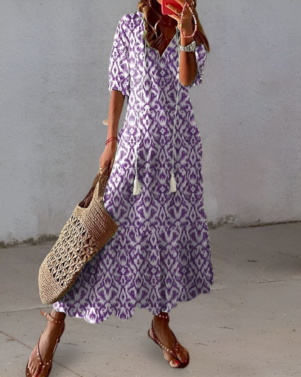 Women's Ikat-Print V-Neck Tassel-Tie Ruffle-Hem Maxi Dress