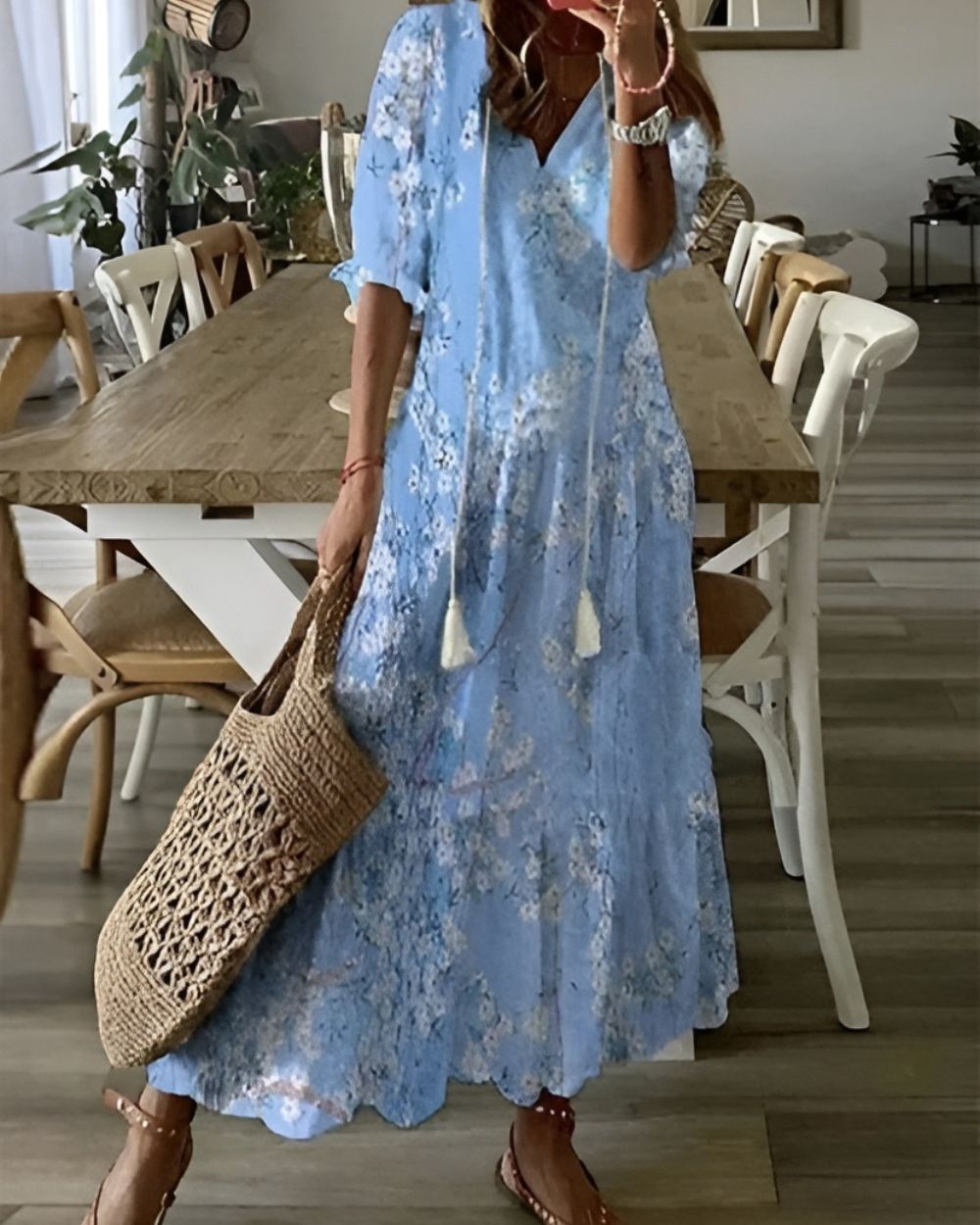 Women's Ikat-Print V-Neck Tassel-Tie Ruffle-Hem Maxi Dress