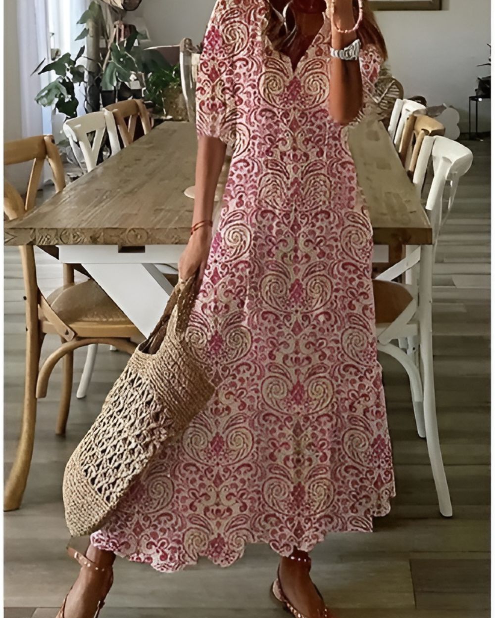 Women's Ikat-Print V-Neck Tassel-Tie Ruffle-Hem Maxi Dress