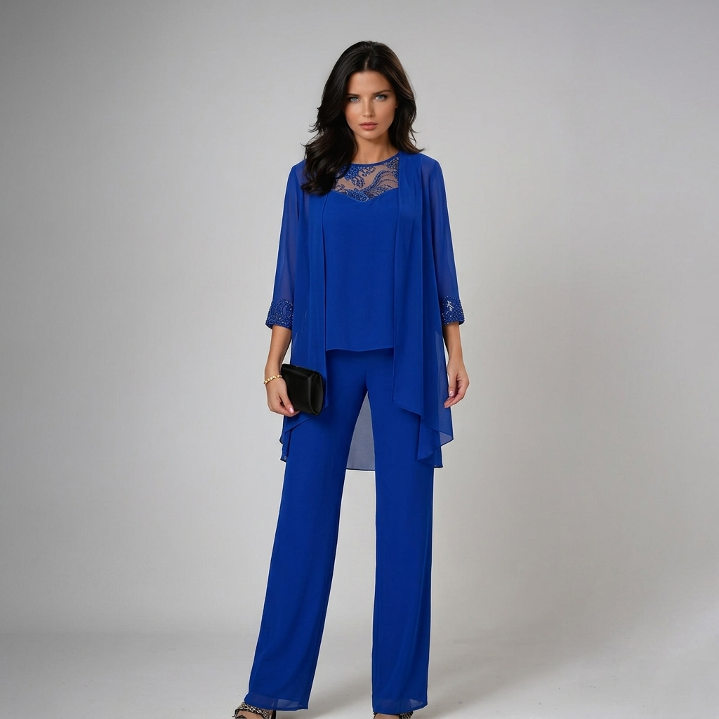 Women's Lace-Detail Beaded Three-Piece Formal Pant Set