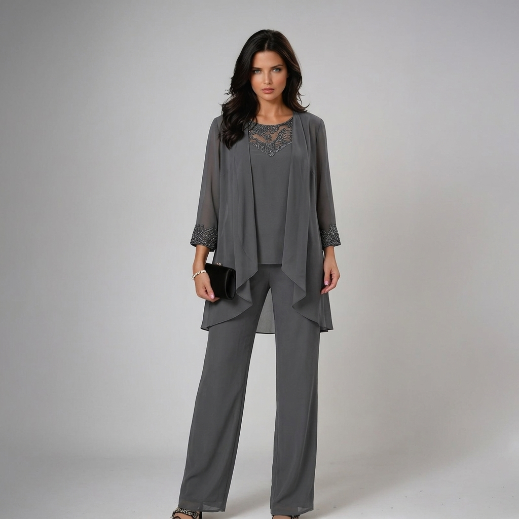 Women's Lace-Detail Beaded Three-Piece Formal Pant Set