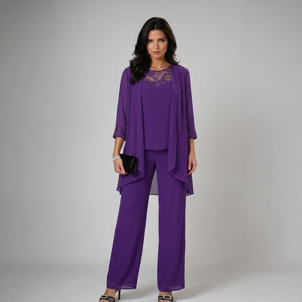 Women's Lace-Detail Beaded Three-Piece Formal Pant Set
