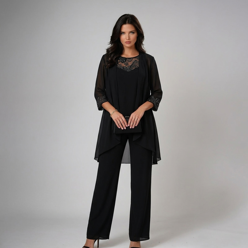 Women's Lace-Detail Beaded Three-Piece Formal Pant Set