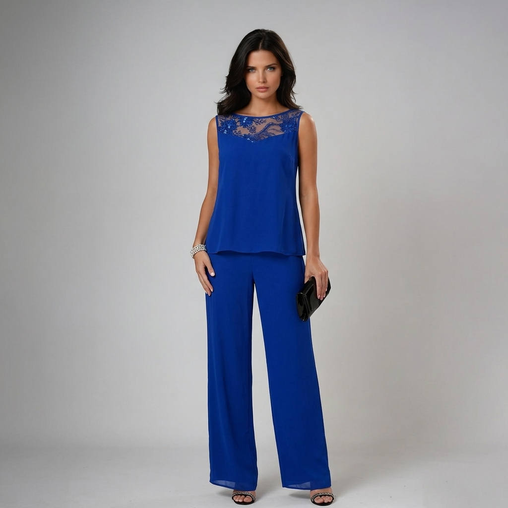 Women's Lace-Detail Beaded Three-Piece Formal Pant Set