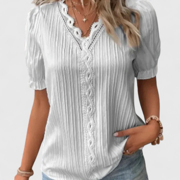 Women's Lace-Trim V-Neck Puff-Sleeve Blouse
