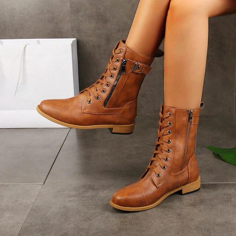 Women's Lace-Up Combat Ankle Boots with Side Zipper and Buckle Strap