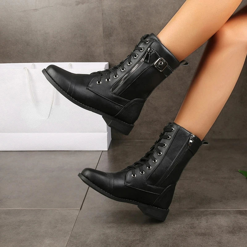 Women's Lace-Up Combat Ankle Boots with Side Zipper and Buckle Strap