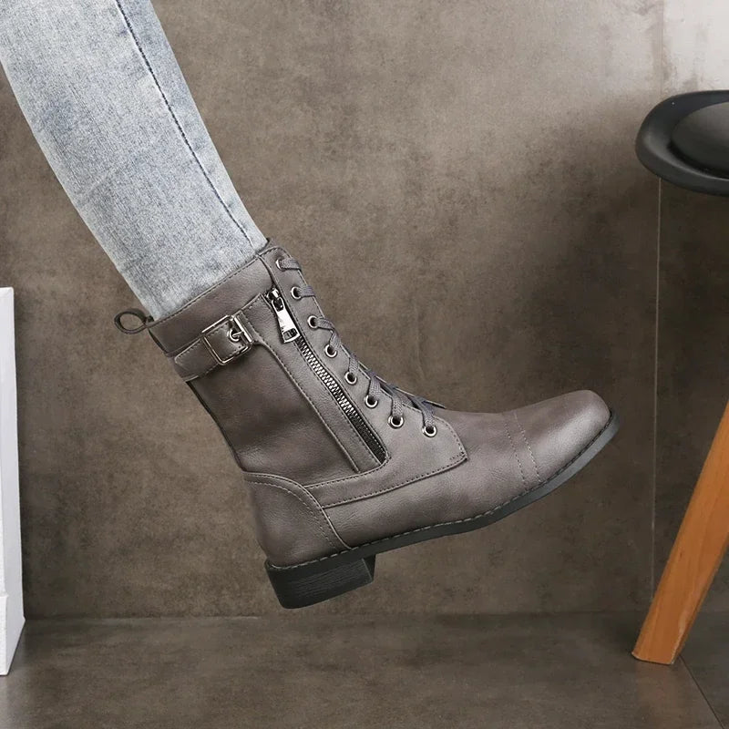 Women's Lace-Up Combat Ankle Boots with Side Zipper and Buckle Strap