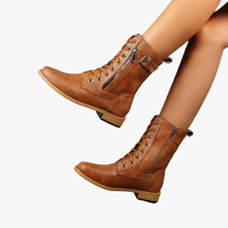 Women's Lace-Up Combat Ankle Boots with Side Zipper and Buckle Strap