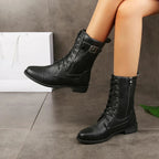Women's Lace-Up Combat Ankle Boots with Side Zipper and Buckle Strap