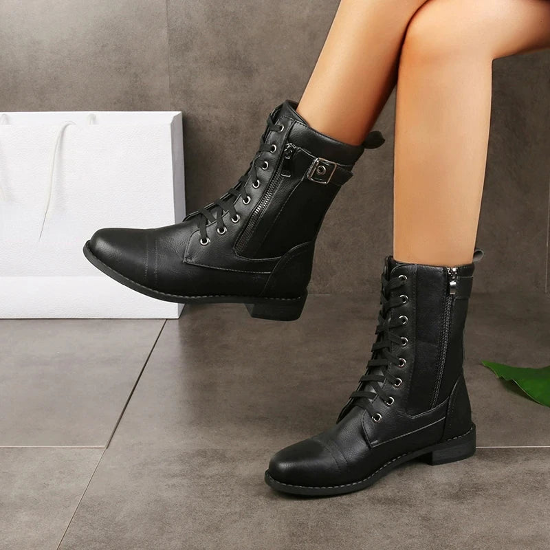 Women's Lace-Up Combat Ankle Boots with Side Zipper and Buckle Strap
