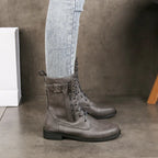 Women's Lace-Up Combat Ankle Boots with Side Zipper and Buckle Strap