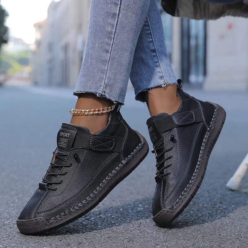 Women's Lace-Up Stitched Low-Top Elevated Sneakers with Velcro Tab