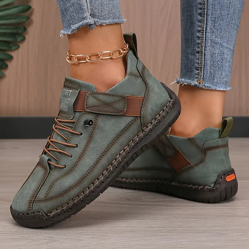 Women's Lace-Up Stitched Low-Top Elevated Sneakers with Velcro Tab