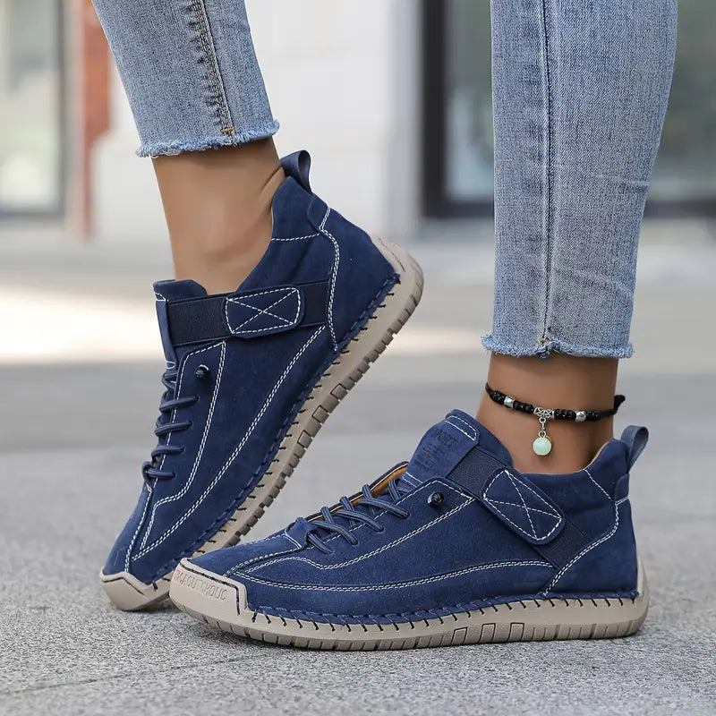 Women's Lace-Up Stitched Low-Top Elevated Sneakers with Velcro Tab