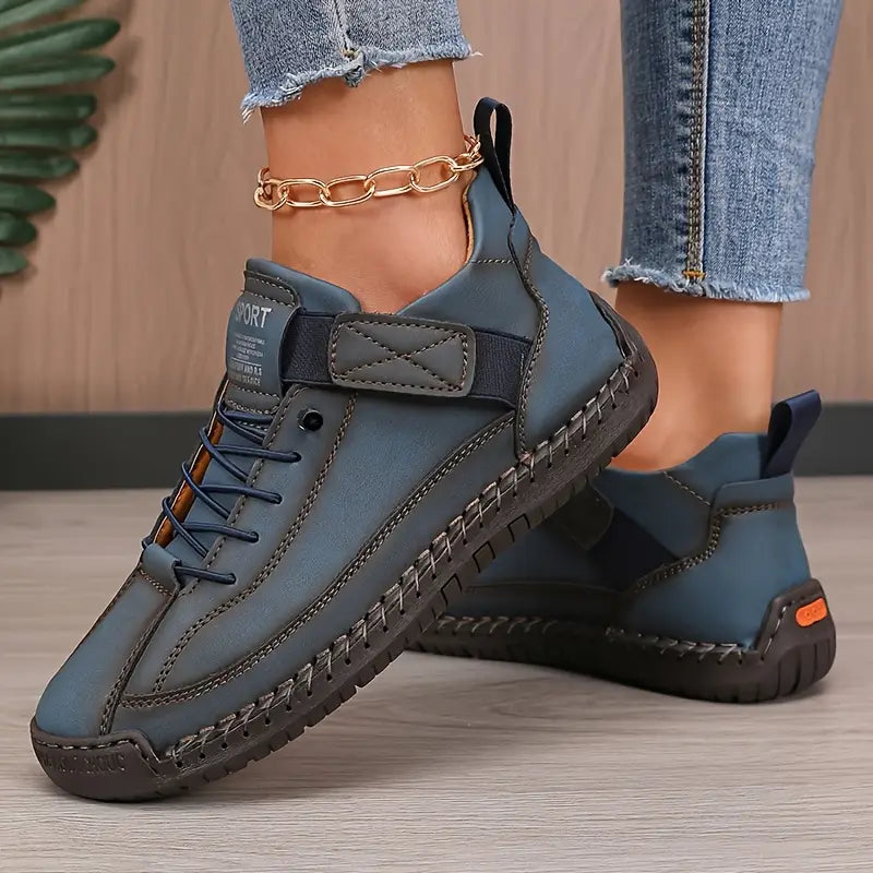 Women's Lace-Up Stitched Low-Top Elevated Sneakers with Velcro Tab