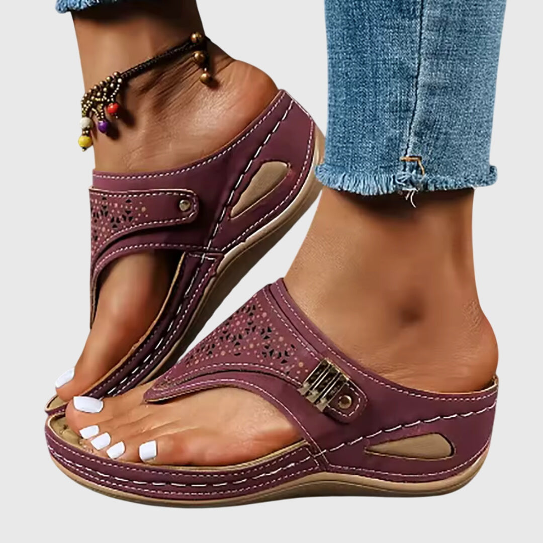 Women's Laser-Cut Toe-Loop Wedge Sandals with Metal Buckle