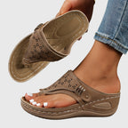 Women's Laser-Cut Toe-Loop Wedge Sandals with Metal Buckle