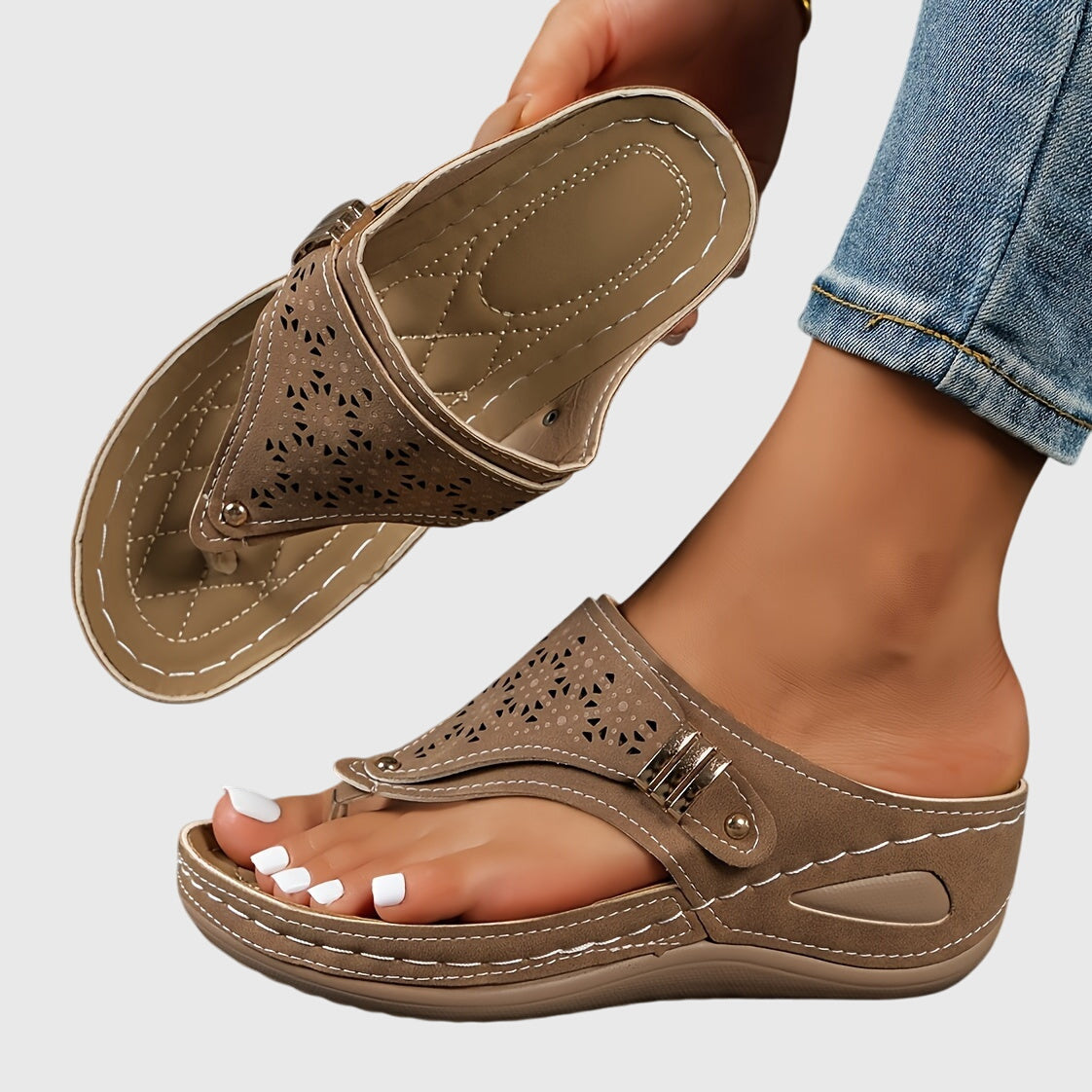 Women's Laser-Cut Toe-Loop Wedge Sandals with Metal Buckle