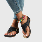 Women's Laser-Cut Toe-Loop Wedge Sandals with Metal Buckle