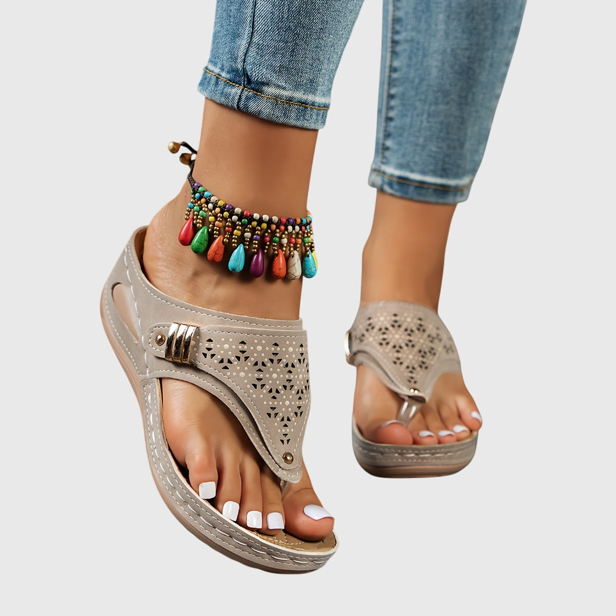 Women's Laser-Cut Toe-Loop Wedge Sandals with Metal Buckle
