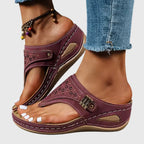 Women's Laser-Cut Toe-Loop Wedge Sandals with Metal Buckle