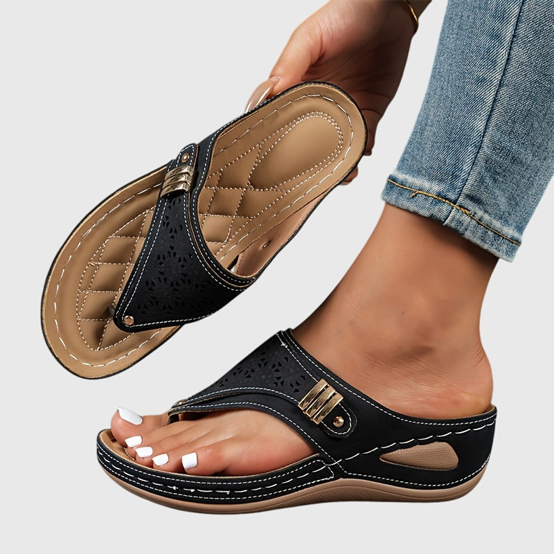 Women's Laser-Cut Toe-Loop Wedge Sandals with Metal Buckle
