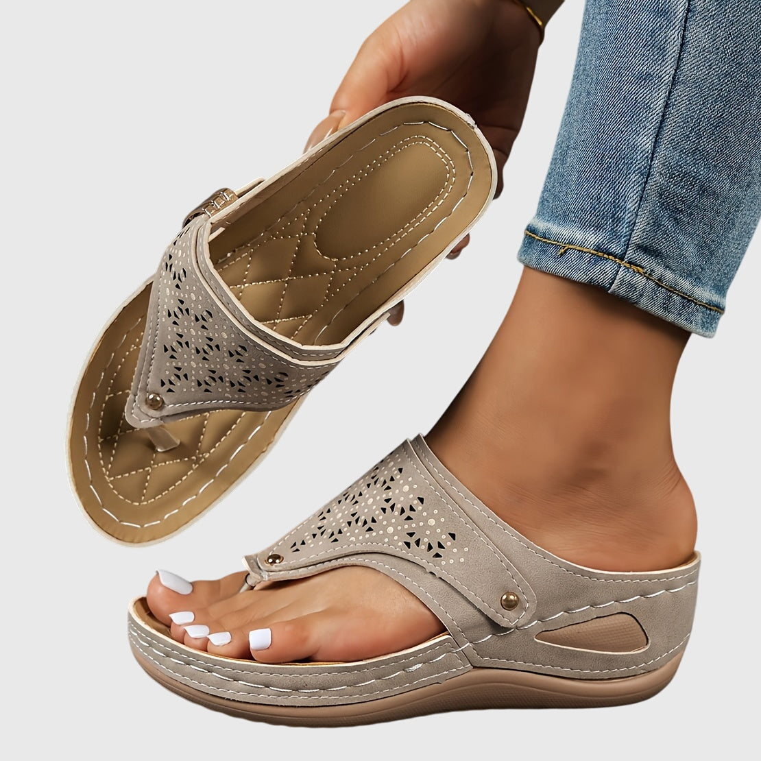 Women's Laser-Cut Toe-Loop Wedge Sandals with Metal Buckle