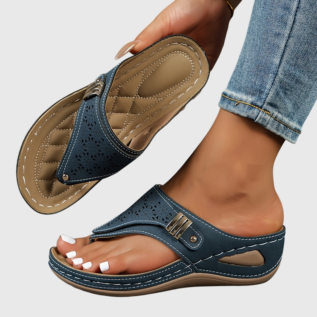 Women's Laser-Cut Toe-Loop Wedge Sandals with Metal Buckle