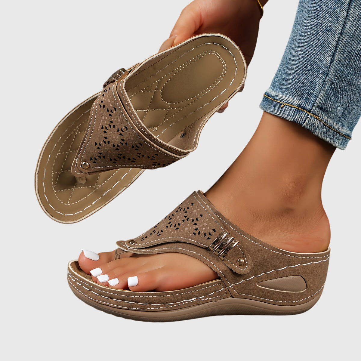 Women's Laser-Cut Toe-Loop Wedge Sandals with Metal Buckle