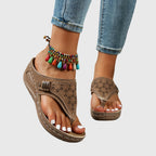 Women's Laser-Cut Toe-Loop Wedge Sandals with Metal Buckle