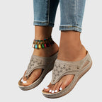 Women's Laser-Cut Toe-Loop Wedge Sandals with Metal Buckle