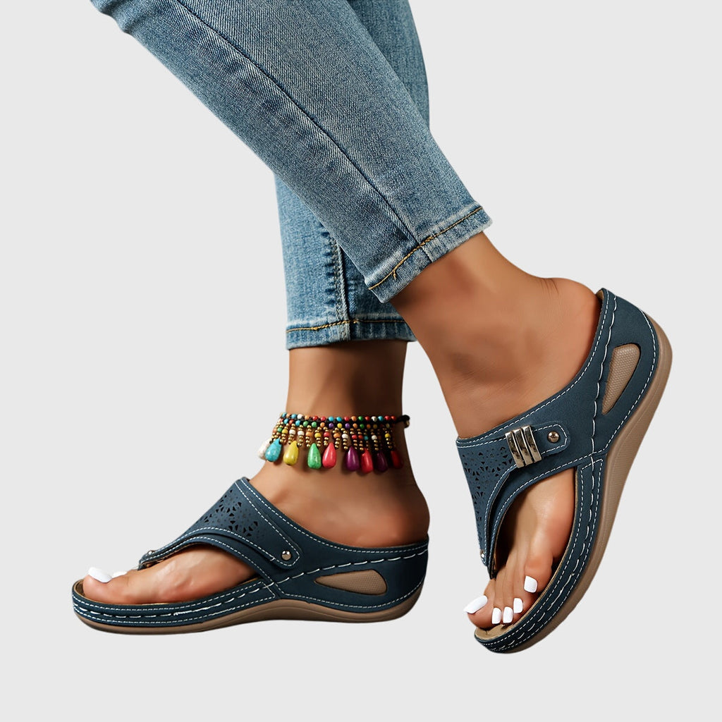 Women's Laser-Cut Toe-Loop Wedge Sandals with Metal Buckle