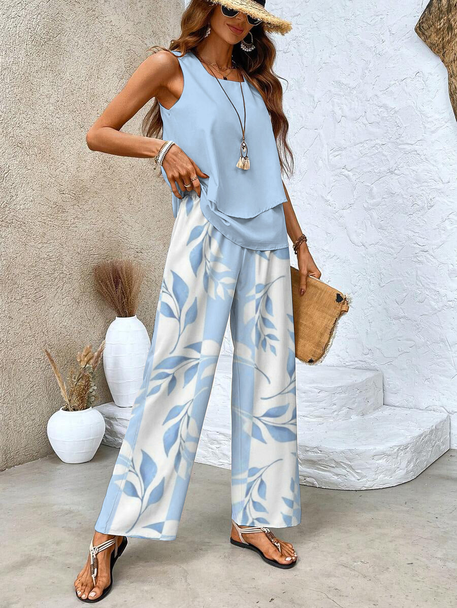 Women's Layered Tank and Floral Wide-Leg Two-Piece Set