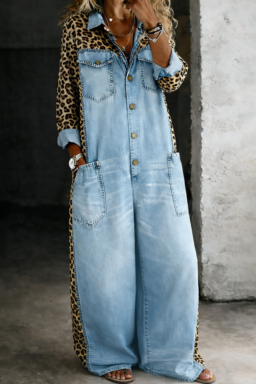 Women's Leopard-Panel Button-Front Wide-Leg Denim Jumpsuit