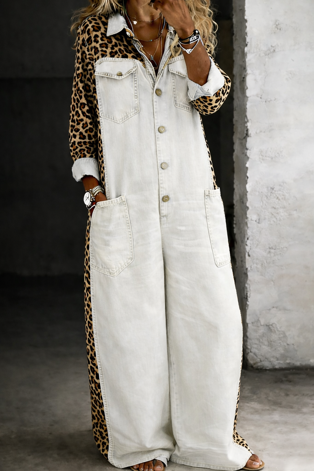 Women's Leopard-Panel Button-Front Wide-Leg Denim Jumpsuit