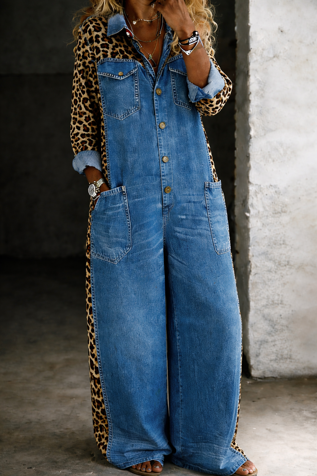 Women's Leopard-Panel Button-Front Wide-Leg Denim Jumpsuit