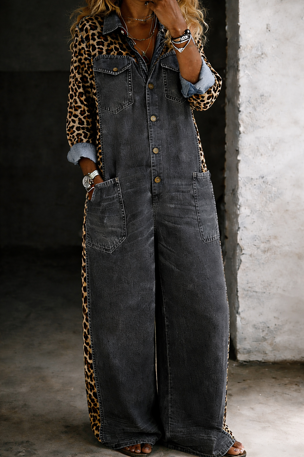 Women's Leopard-Panel Button-Front Wide-Leg Denim Jumpsuit