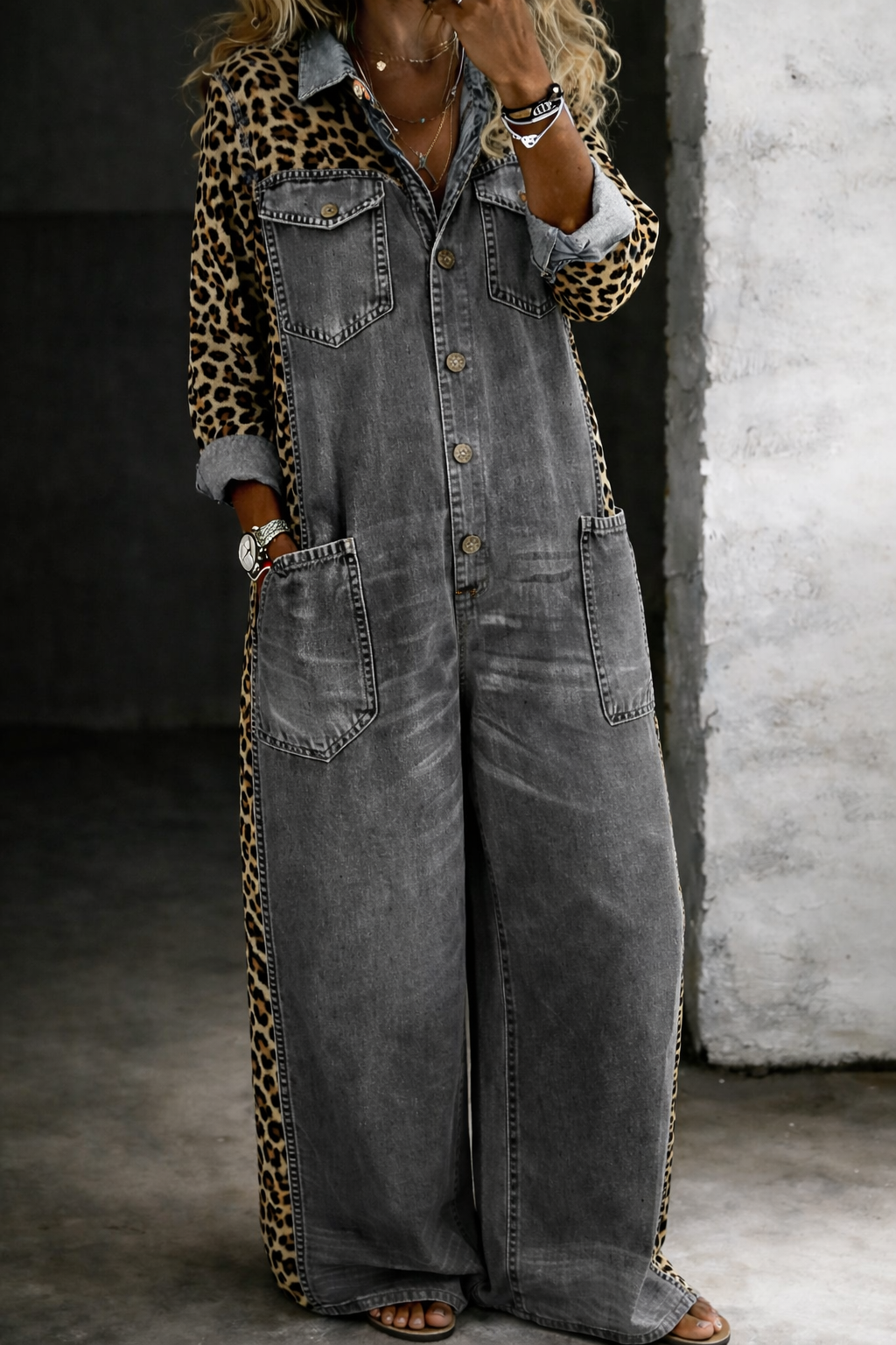 Women's Leopard-Panel Button-Front Wide-Leg Denim Jumpsuit