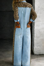 Women's Leopard-Panel Button-Front Wide-Leg Denim Jumpsuit