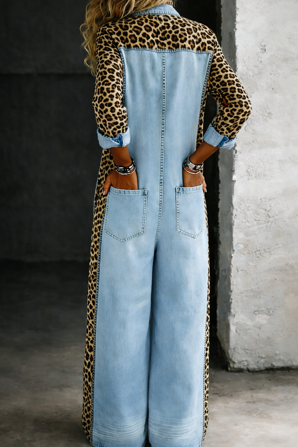 Women's Leopard-Panel Button-Front Wide-Leg Denim Jumpsuit