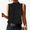 Women's Mock Neck Pleated Front Woven Blouse with Sheer Sleeve Panels