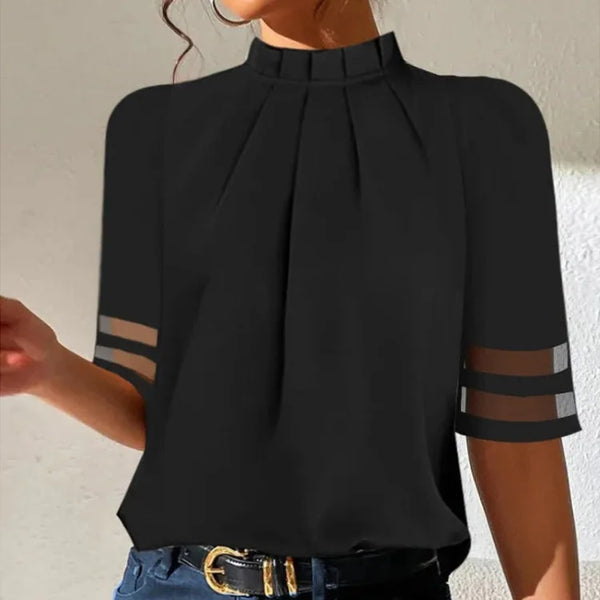 Women's Mock Neck Pleated Front Woven Blouse with Sheer Sleeve Panels