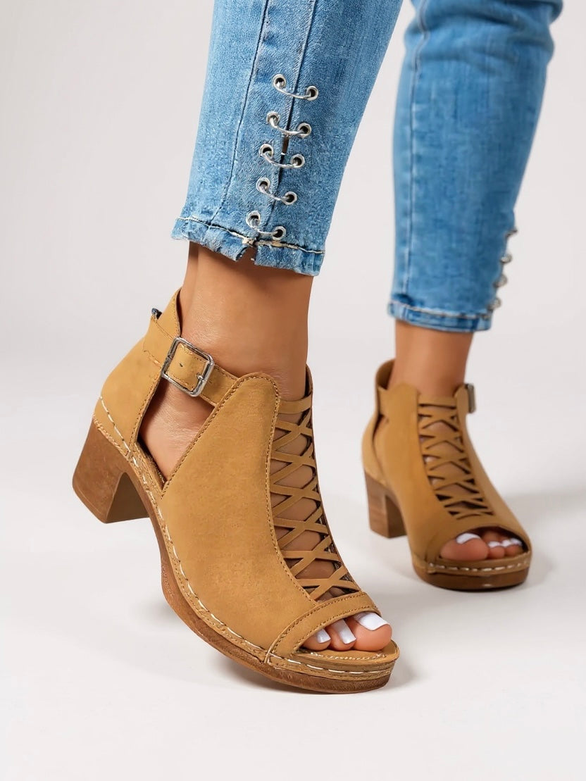 Women's Nova | Cutout Vamp Block Heel Sandals with Buckle Strap